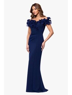 New XSCAPE ANYA Scuba Crepe Off the Shoulder Chiffon Ruffle Gown Navy Sz 14 $249